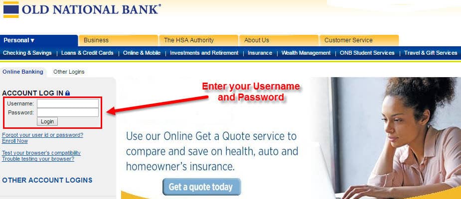 How do you log into an account with Old National Bank?