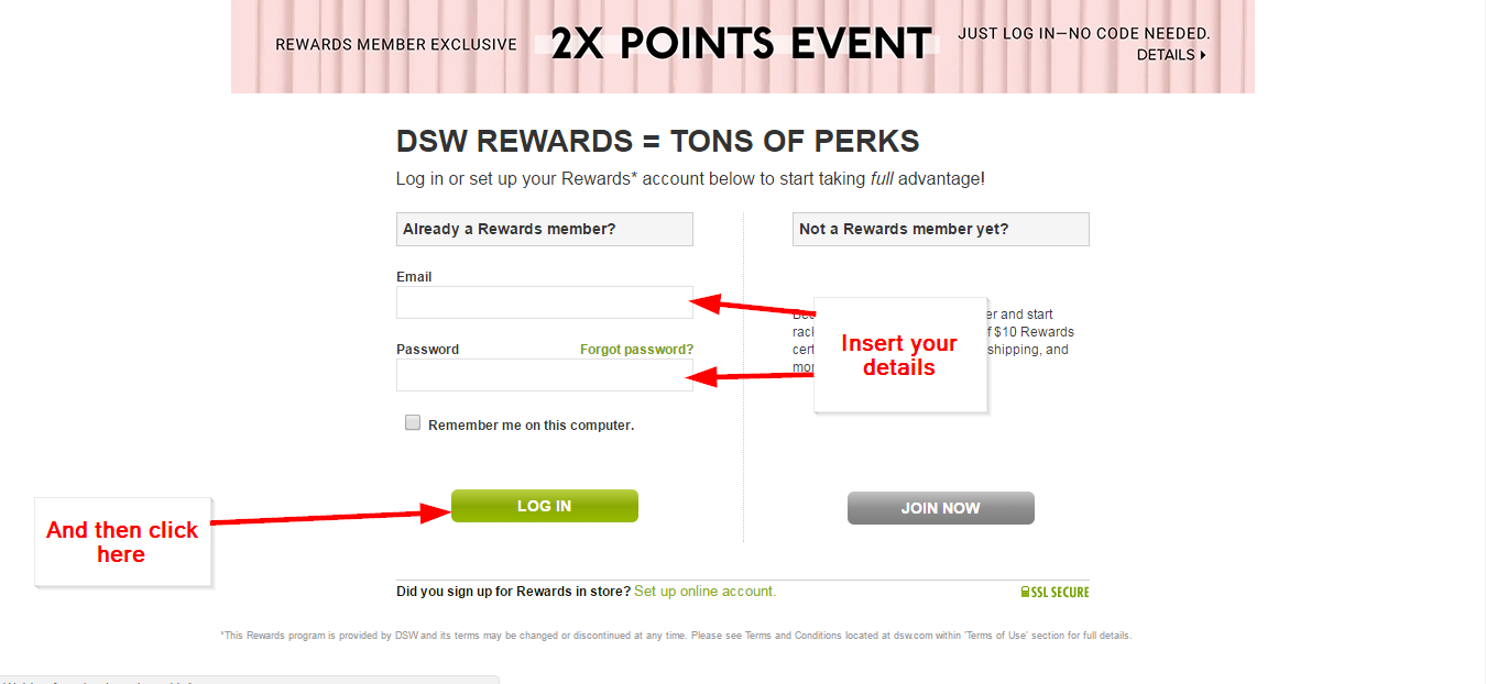 dsw sign in with member number