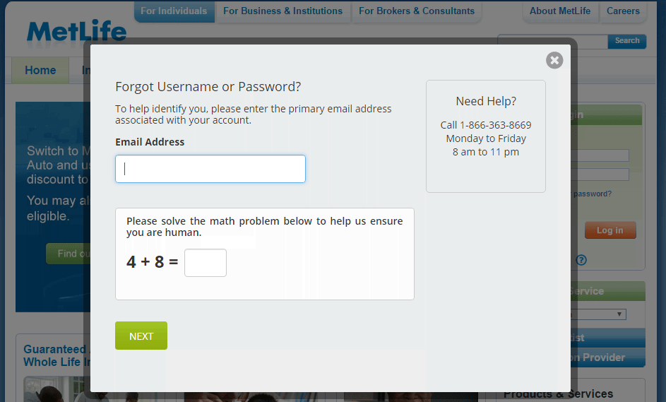 MetLife forgot password