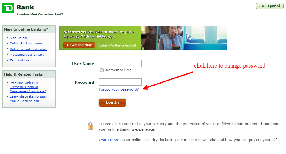 TD Bank Online Banking Password Reset Link