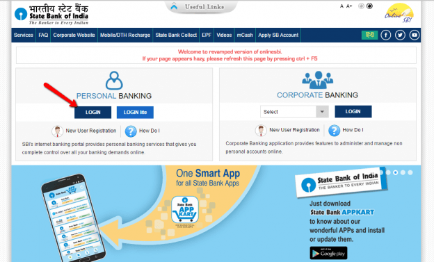 State bank of india online banking login cc bank