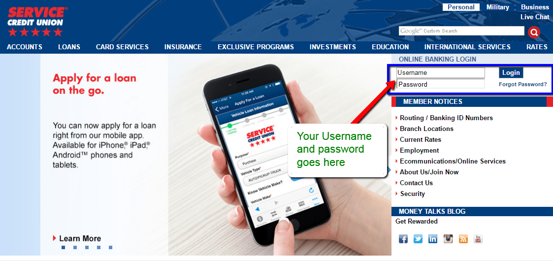 Service Credit Union Online Banking Login CC Bank