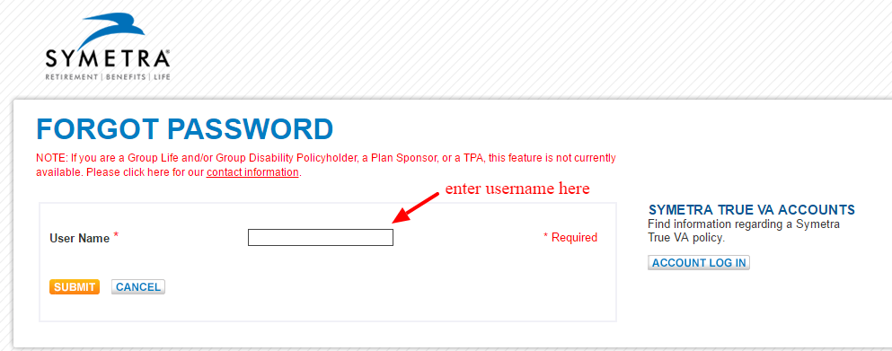 symetra Forgot User Password